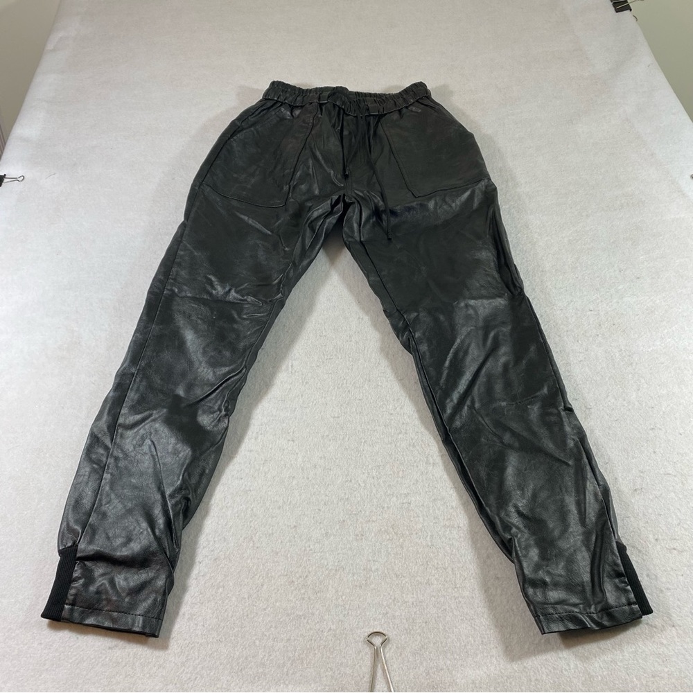 Faux Leather Jogger pants Elastic Cuff Pockets Drawstring Black Pants  size 25